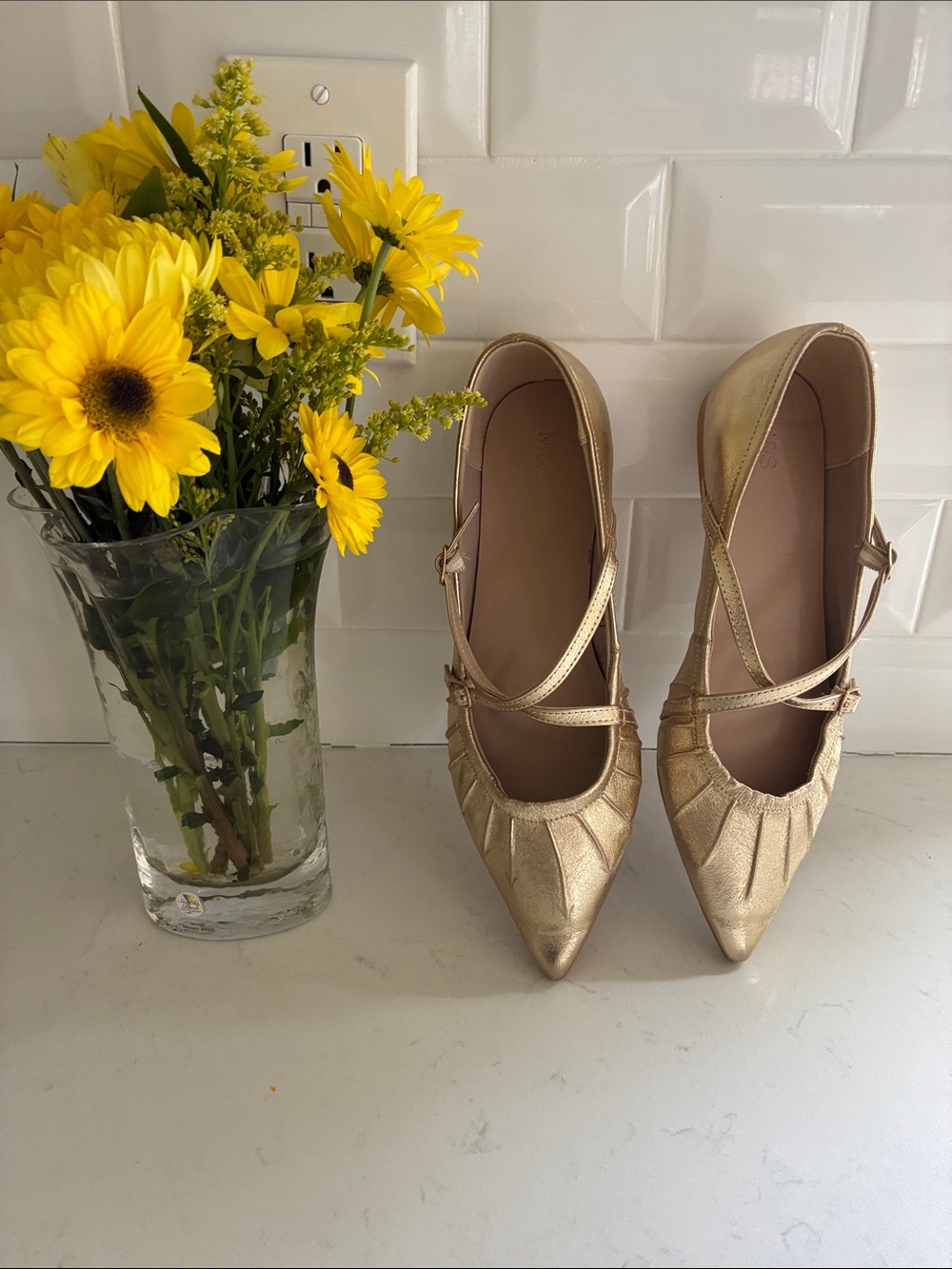 Metallic Gold Pointed-Toe Mary Jane Flats M&S Brand. Mark & Spencer